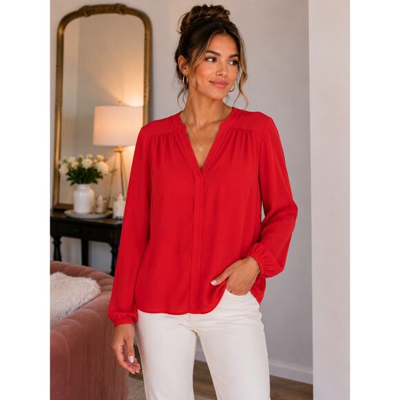 Bellatrix Tops - Bellatrix Coral Pink Blouse – Size Medium – Lightweight V-Neck Long Sleeve Top